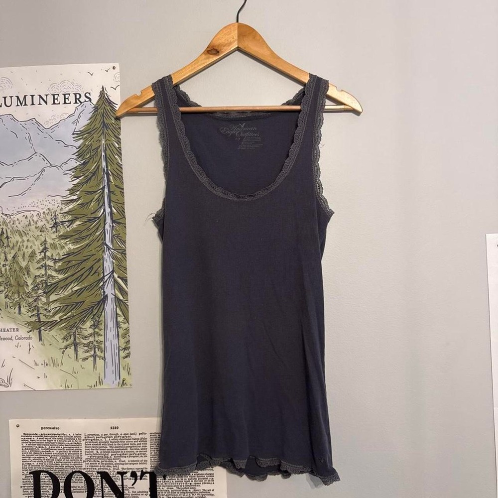 Vintage American Eagle Dark Gray Lace Trim Tank Top Cami